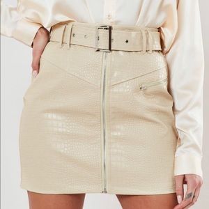 Posh Belted Pleather Cream Mini Skirt